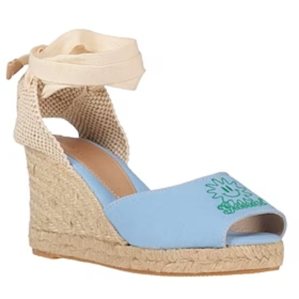 GANNI Embroidered canvas wedge espadrille sandals (NWB)